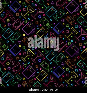 Neon Bar Getränkekarte nahtloser Mustervektor. Pub alkoholische und nicht-alkoholische Getränke in Glas und Tasse. Kaffee und Tee, Bier und Cocktails zum Ausruhen Stock Vektor