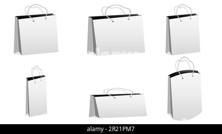 Ein Set aus sechs realistischen weißen Papierbeuteln für den Einkauf in verschiedenen Formen und Größen mit Seilgriffen auf weißem Hintergrund und Kopierbereich. Vecto Stock Vektor