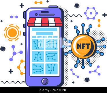 NFT-Markt für digitale Datei- oder Dienstvektoren kaufen. Elektronischer Online-Shop für den Kauf von Kryptowährungen und Medien für elektronisches Geld. Smartphone-Anwendung Stock Vektor