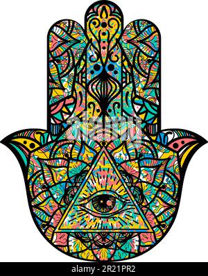 Das Hamsa-Symbol, das alle das Auge in der menschlichen Handfläche sehen, verziert mit mystischen Ornamenten. Spirituelles schwarzes Symbol in linearem Stil. Geheimes heiliges Vektorzeichen iso Stock Vektor