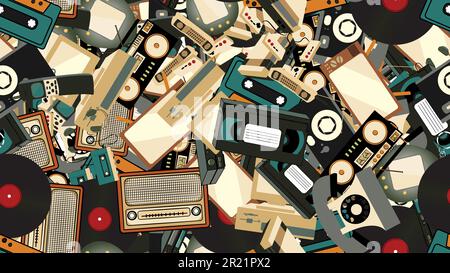 Textur, nahtloses Muster alter Hipster-Elektronik, Mobiltelefone, fernsehrekorder, Player, Tonband, Videorekorder, Spielkonsole, Kamera, Komp Stock Vektor
