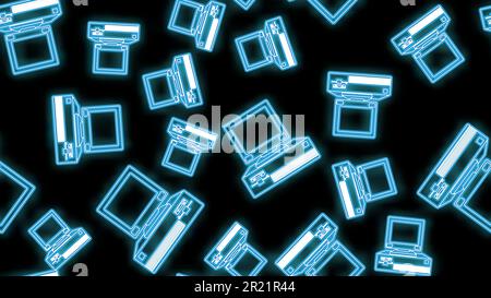 Wunderschönes abstraktes Neonmuster mit leuchtenden Ikonen alter Retro-Hipster-Computer-Desktops mit Flops aus den 70s, 80s, 90s und Stock Vektor