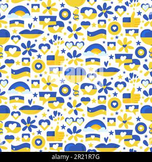 Symbol der ukrainischen Nationalflagge nahtloser Mustervektor. Lippen und Herz, Gesten wie und Genussmittel, Sonnenbrille Accessoire und Regenbogen in ukrainisch n Stock Vektor