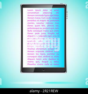 Schwarzer, realistischer mobiler Touch-Smart-Tablet-Computer mit Bildschirm und Kopierbereich mit Blendlicht und Schatten, die vertikal isoliert auf einem blauen Bildschirm angeordnet sind Stock Vektor