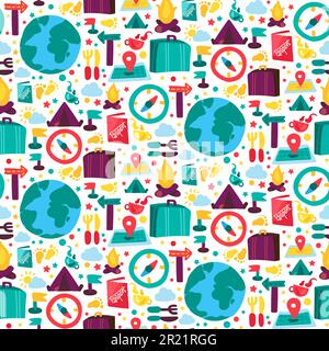 Reise Camping Urlaub nahtloser Mustervektor. Zelt und Kamin, Reisepass-Dokument und Koffer Gepäck, Gabel und Messer, Kompass und Karte für Reisen Stock Vektor