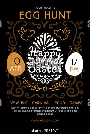 Happy Easter Event Poster mit Hühnereiern und Osterhasen verziert. Vorlage zum Drucken, Ankündigungsposter zur Einladung der Gäste zur Feier o Stock Vektor