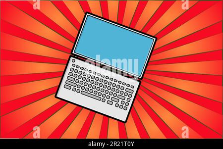 Moderner digitaler Laptop-Laptop auf abstraktem roten Strahlenhintergrund. Vektordarstellung. Stock Vektor