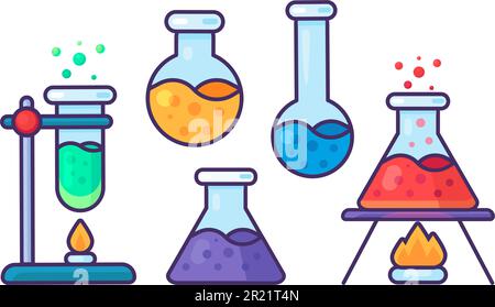Satz von Symbolen für Reagenzgläser aus Schulglas. Sammlung sphärischer und hoher chemischer Gefäße. Durchführung von Experimenten und Analysen in der Chemie am High Schoo Stock Vektor