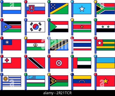 Verschiedene Flaggen am Fahnenmast zur Registrierung der feierlichen Veranstaltung. Flaggen von Ländern, die Personal abholen, ausländische Gäste treffen. Farbvektor isoliert auf w Stock Vektor