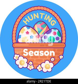 Cartoon Outline Vector Happy Easter Quote Sticker Illustration. Jagdsaison mit Eierkorb Stock Vektor