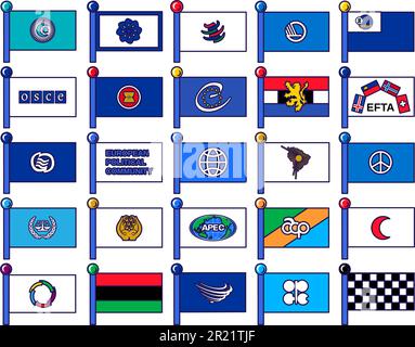 Flaggen internationaler Organisationen, die Personal abholen. Flaggen am Flaggenmast für die Registrierung der feierlichen Veranstaltung, Treffen mit ausländischen Gästen. farbvektor-iso Stock Vektor