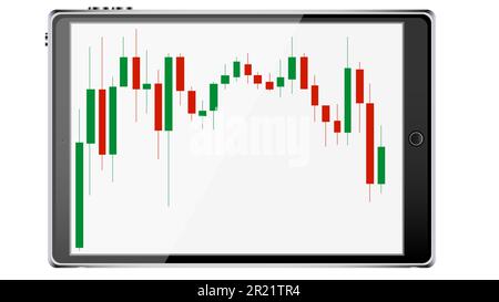 Realistischer mobiler, intelligenter, schlanker Tablet-Computer, ein Tablet-Rahmen mit einem Wechseldiagramm von Preisänderungen in Form von japanischen Kerzen auf einem Display isola Stock Vektor
