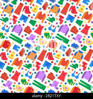 Schuhe und Bekleidung Textilgegenstände nahtloses Muster mit Stoff, Stoff, Schuh, Hose, Faser, Jeans, Pullover. Verzierung zum Bedrucken von Stoff, Abdeckung A Stock Vektor