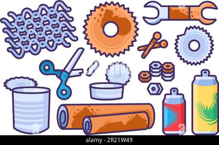 Ein Set zerbrochener rostiger, unerwünschter Stahlgegenstände. Artikel außer Betrieb und werden entsorgt. Recycling von Industrieprodukten aus Metall. Einfacher Zeichentrickfilm V Stock Vektor