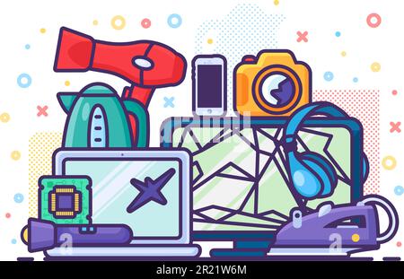 Stapel von technologisch-elektronischen Haushaltsabfällen. Haufen alter defekter Elektrogeräteindustrie. Problem der E-Abfallverschmutzung. Ein einfacher Zeichentrickfilm Stock Vektor