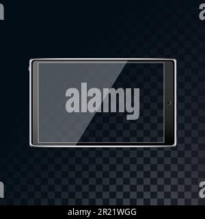 Ein schönes, modernes, schwarzes, intelligentes, realistisches Tablet mit transparentem Touchscreen auf einem transparenten, dunklen, karierten schwarzen Hintergrund von s. Stock Vektor