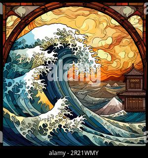 Buntglasfenster einer Tsunami-Welle, die eine Stadt umhüllt Stock Vektor