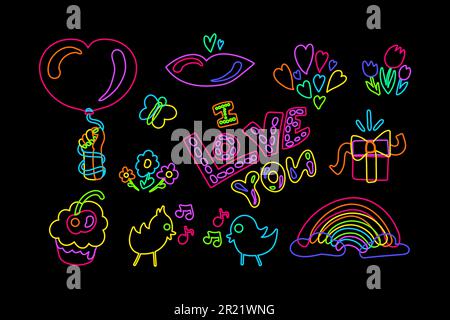 Deklarative handgezeichnete festliche Elemente mit neonfarbenen, hellen Filzstiften auf dunkelschwarzem Hintergrund. Partysymbole für das Design von Karten oder Einladungen. Doodle ha Stock Vektor