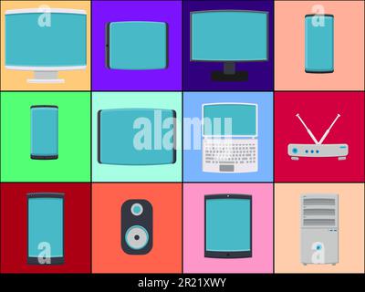 Ein großer Satz an Symbolen für Bauwerkzeuge für Schraubendreher, Schraubenschlüssel, Hämmer, Leitern, Mopps, Schaufeln, Bürsten auf dem Hintergrund von Stock Vektor