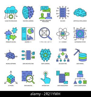 Symbole für KI und Computersystem in farbigen Linien. Symbole für maschinelles Lernen. Vektordarstellung. Stock Vektor