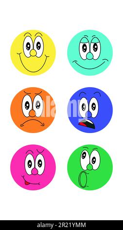 Ein Satz von sechs runden Symbolen für Trends mit verschiedenen Gesichtern mit einem Ausdruck von Emotionen Lachen Überraschung Angst Wut Freude auf weißem Hintergrund. Stock Vektor