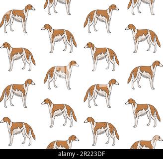 Vektornahtloses Muster einer handgezeichneten Zeichnung eines farbigen russischen Borzoi-Hundes, isoliert auf weißem Hintergrund Stock Vektor
