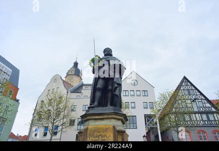 Jena, Deutschland, Marktplatz und Statue von Johann Friedrich Stockfoto