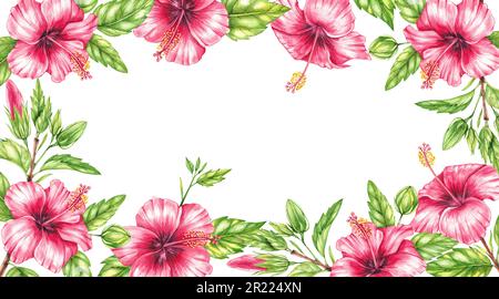 Rechteckiger Aquarellrahmen von Hibiskusblüten. Isolierte Abbildung auf weißem Hintergrund für das Design von Karten, Einladungen, Visitenkarten und Logo Stockfoto