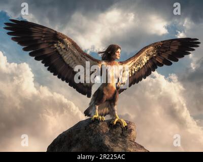 Eine Harpyie ist eine Kreatur aus der griechischen und römischen Mythologie, ein Monster mit dem Kopf einer Frau und dem Körper eines Vogels. Harpyien symbolisieren Sturmwinde. 3D-Rendering. Stockfoto