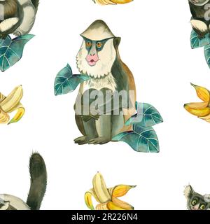 Nahtloses Muster mit lustigen Affen und Bananen auf weißem Hintergrund. Alle Elemente sind handbemalt in Aquarell. Geeignet zum Bedrucken von Stoffen Stockfoto