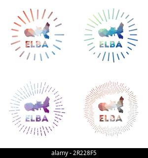 Elba Low Poly Sunburst Set. Logo der Insel im geometrischen Polygonstil. Vektordarstellung. Stock Vektor