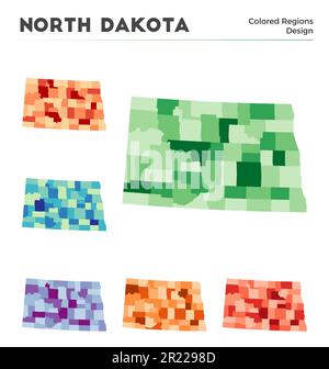 North Dakota Kartensammlung. Borders of North Dakota für Ihre Infografik. Farbige Regionen der US-Bundesstaaten. Vektorabbildung. Stock Vektor