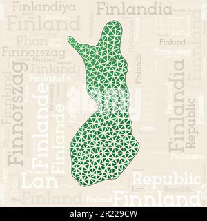 Finnland Kartendesign. Ländernamen in verschiedenen Sprachen und Kartenform mit geometrischen niedrigen Poly-Dreiecken. Moderne Vektor-Illustration von Finnland. Stock Vektor