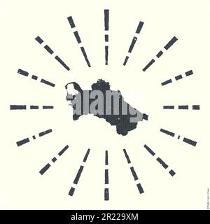 Turkmenistan-Logo. Grunge Sunburst Poster mit Landkarte. Die Form Turkmenistans ist gefüllt mit Hexziffern mit Sonnenstrahlen. Stock Vektor