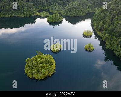 Ein großer Meeressee befindet sich inmitten wunderschöner Kalksteininseln, die sich von West Papuas Meereslandschaft erheben. Seen sind umschlossene Salzwasserökosysteme. Stockfoto