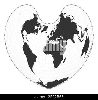 Vector-Weltkarte. Die pseudokonische Gleichflächenprojektion nach Bonne. Geografische Karte mit Breiten- und Längengraden. Zentriert auf 0deg m Länge Stock Vektor