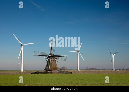 Windmühle zwischen Windrädern auf einem Deich, Niederlande, Frisia, Ferwert Stockfoto