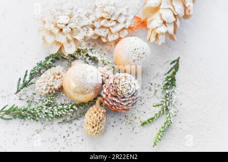 Weihnachtsdekoration mit verschiedenen Hütchen aus Erle, Kiefer und Lärche zusammen mit Heidenzweigen und kleinen Weihnachtsbällen, Europa, Deutschland, Norden Stockfoto