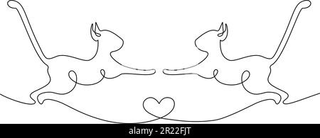 Abstraktes Bild von 2 Katzen, die aufeinander springen, wobei das Herz durch eine durchgehende Linie gezeichnet ist. Katzentag. Aufkleber. Symbol. Isolieren. Design für Poster, Banner, Broschüren oder Preise, Etiketten oder Karten. Vektor. EPS. Stock Vektor