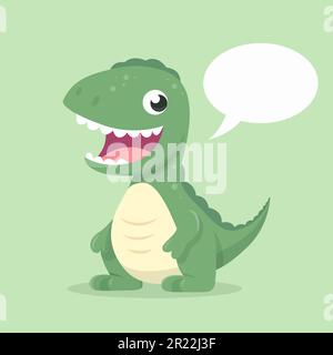 Vector Cute Kind Lächelnder Dinosaurier. Happy Cartoon Dinosaur Tyrannosaurus Rex, Tyrex mit Sprechblase in flachem Stil auf grünem Hintergrund. Stock Vektor