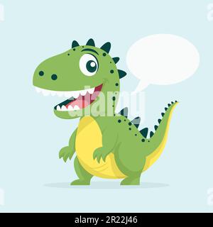 Vector Cute Kind Lächelnder Dinosaurier. Happy Cartoon Green Dinosaur Tyrannosaurus Rex, Tyrex mit Speech Bubble in Flat Style auf blauem Hintergrund Stock Vektor