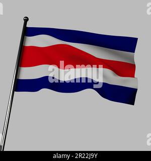 Eine graue Flagge aus Costa Rica, dargestellt in einem 3D-Rendering. Die Flagge hat fünf blaue, weiße und rote Streifen, die den Himmel symbolisieren, Frieden, Blut Stockfoto