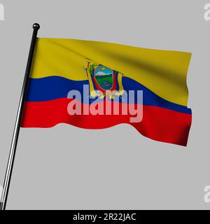Die Abbildung der Ecuador-Flagge 3D auf Grau hat gelbe, blaue und rote Streifen mit einem Wappen. Farben repräsentieren Sonne, Meer und das Blut der Helden. - Mantel von AR Stockfoto