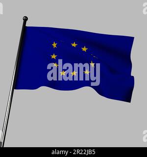 Die Flagge der Europäischen Union auf grauem Hintergrund, 12 gelbe Sterne symbolisieren Einheit auf blauem Harmoniehintergrund. Repräsentiert die politische und wirtschaftliche Union von Stockfoto