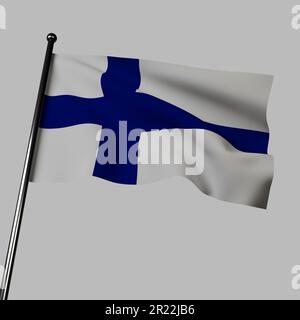 3D die finnische Flagge weht vor grauem Hintergrund. Das weiße nordische Kreuz symbolisiert die Verbindung des Landes zu Skandinavien und seinen blauen Hintergrund Stockfoto