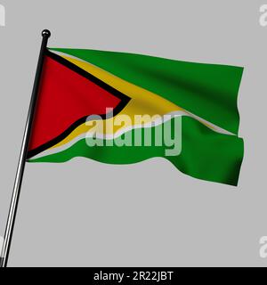 3D-Darstellung der Guyana-Flagge, die im Wind auf Grau winkt. Das Grün repräsentiert die landwirtschaftliche und waldreiche Natur des Landes, das Gold repräsentiert Stockfoto