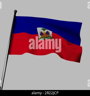 3D Haiti-Flagge, die im Wind winkt, isoliert auf Grau. Es hat zwei horizontale blaue und rote Streifen, mit einer weißen Tafel mit dem haitianischen Wappen. Stockfoto