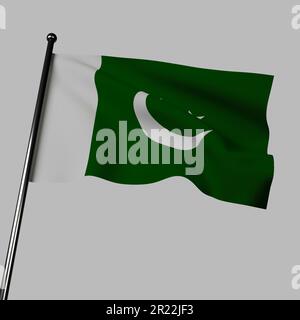 Pakistanische Flagge, grün mit weißem Streifen, Halbmond und Stern. Symbolisiert Frieden, Minderheiten und Fortschritt. 3D-Abbildung auf grauem Hintergrund. Stockfoto