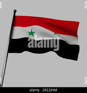 Syriens 3D-Flagge, die im Wind wehte, isoliert auf einem Grau. Die Flagge hat drei horizontale Streifen in Rot, Weiß und Schwarz mit zwei grünen Sternen im Cent Stockfoto