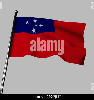 3D Abbildung der samoanischen Flagge, die stolz winkt. Die Flagge zeigt ein rotes Feld mit einem blauen Rechteck im Kanton, geschmückt mit fünf weißen Sternen Stockfoto